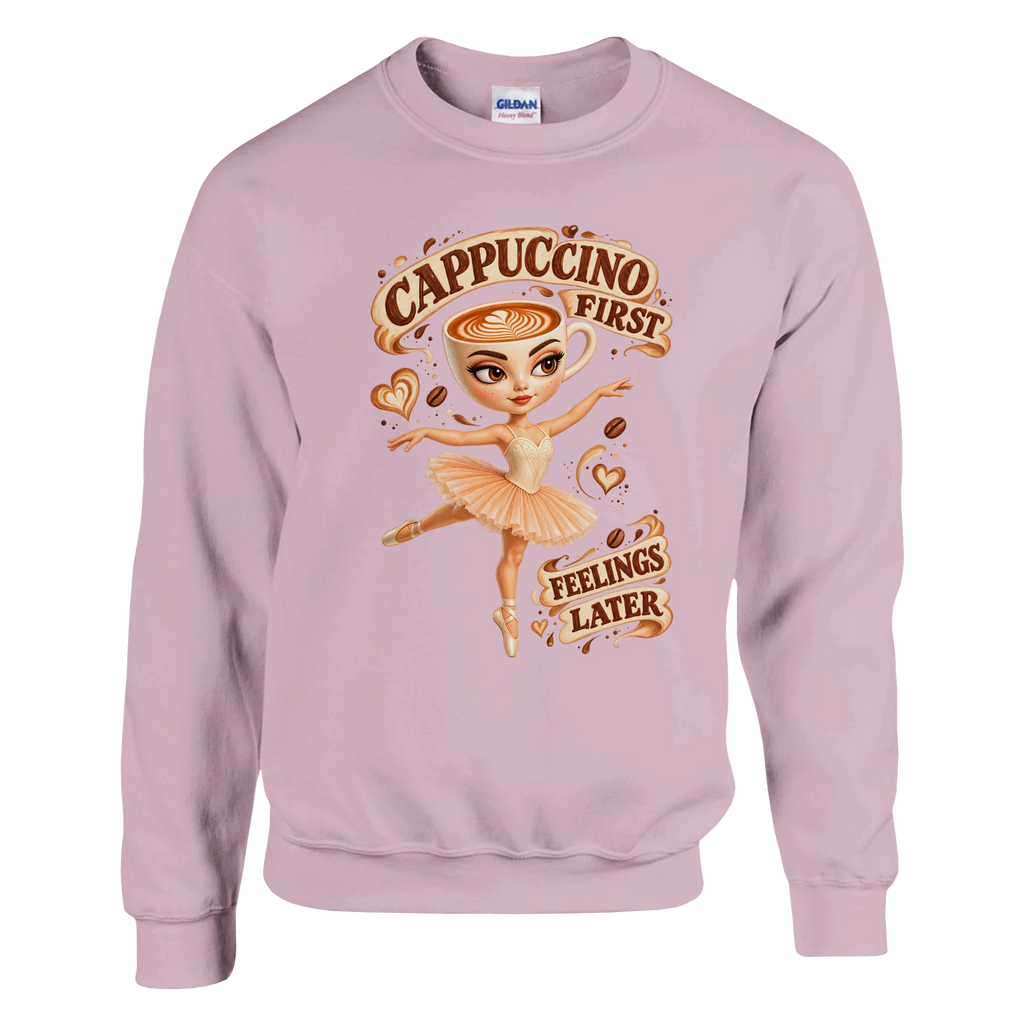Ballerina Cappuccina print on a light pink crewneck sweatshirt, front view
