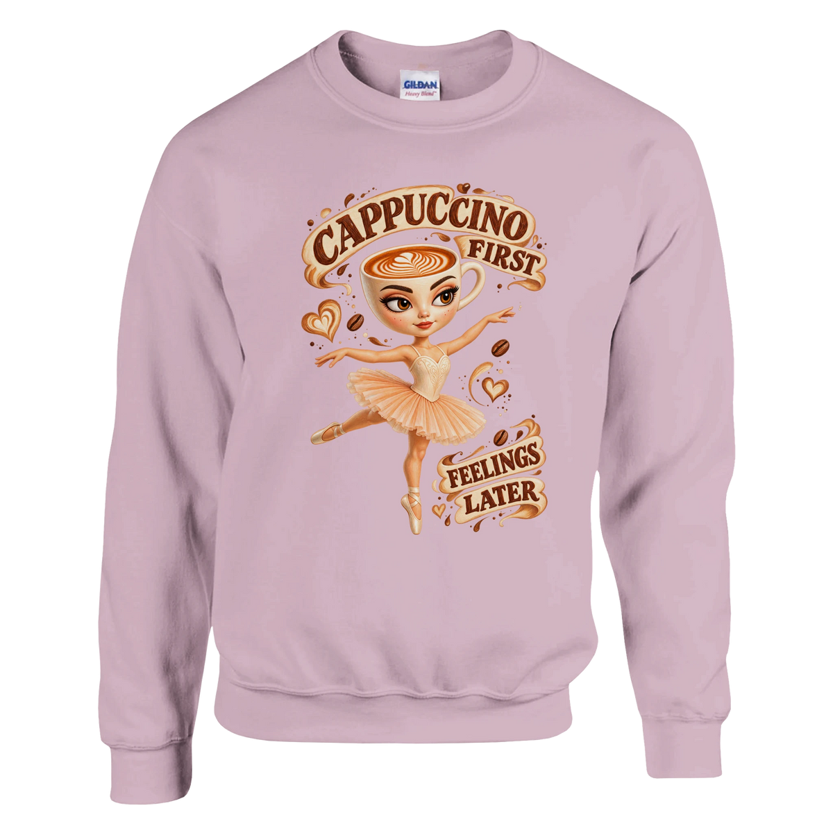 Ballerina Cappuccina print on a light pink crewneck sweatshirt, front view