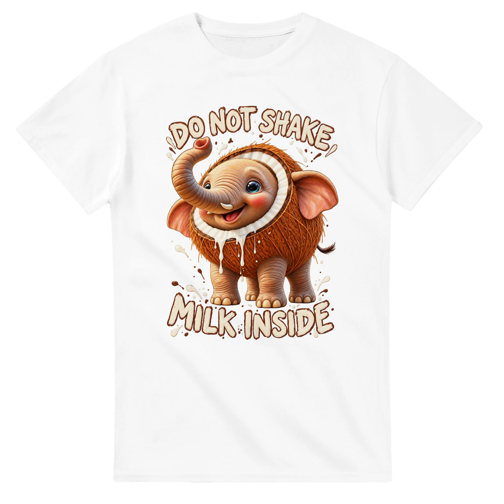 White t-shirt printed with Cocofanto Elefanto and the words Do not shake, milk inside, front view
