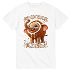 White t-shirt printed with Cocofanto Elefanto and the words Do not shake, milk inside, front view
