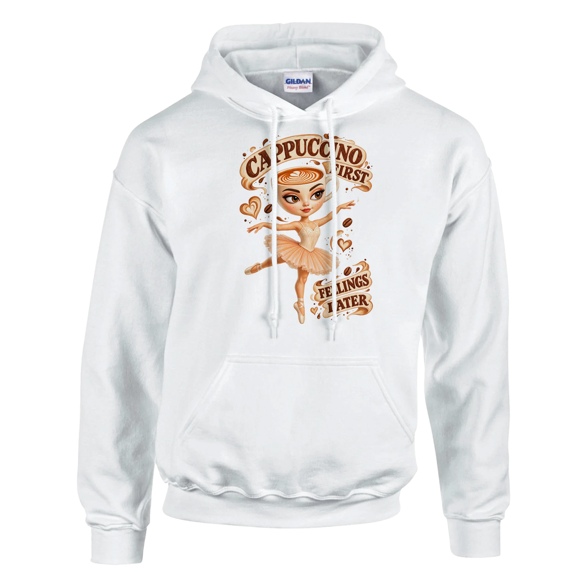 Ballerina Cappuccina print on a white pullover hoodie, front view