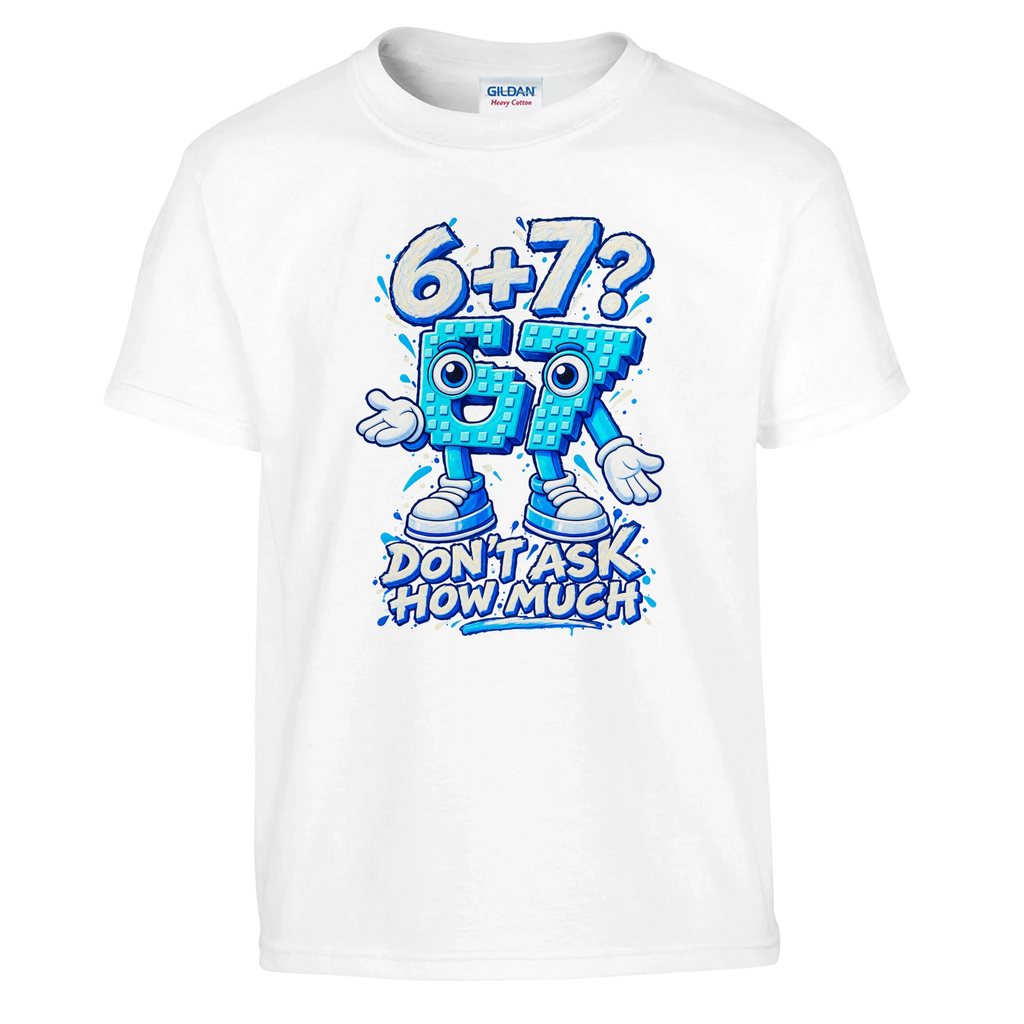 67 print on a white kids t-shirt, front view