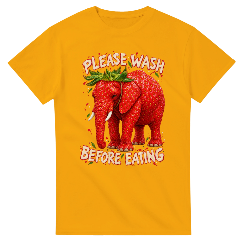 Gold t-shirt printed with Strawberry Elephant and the words Please wash before eating, front view