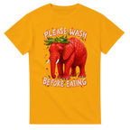 Gold t-shirt printed with Strawberry Elephant and the words Please wash before eating, front view