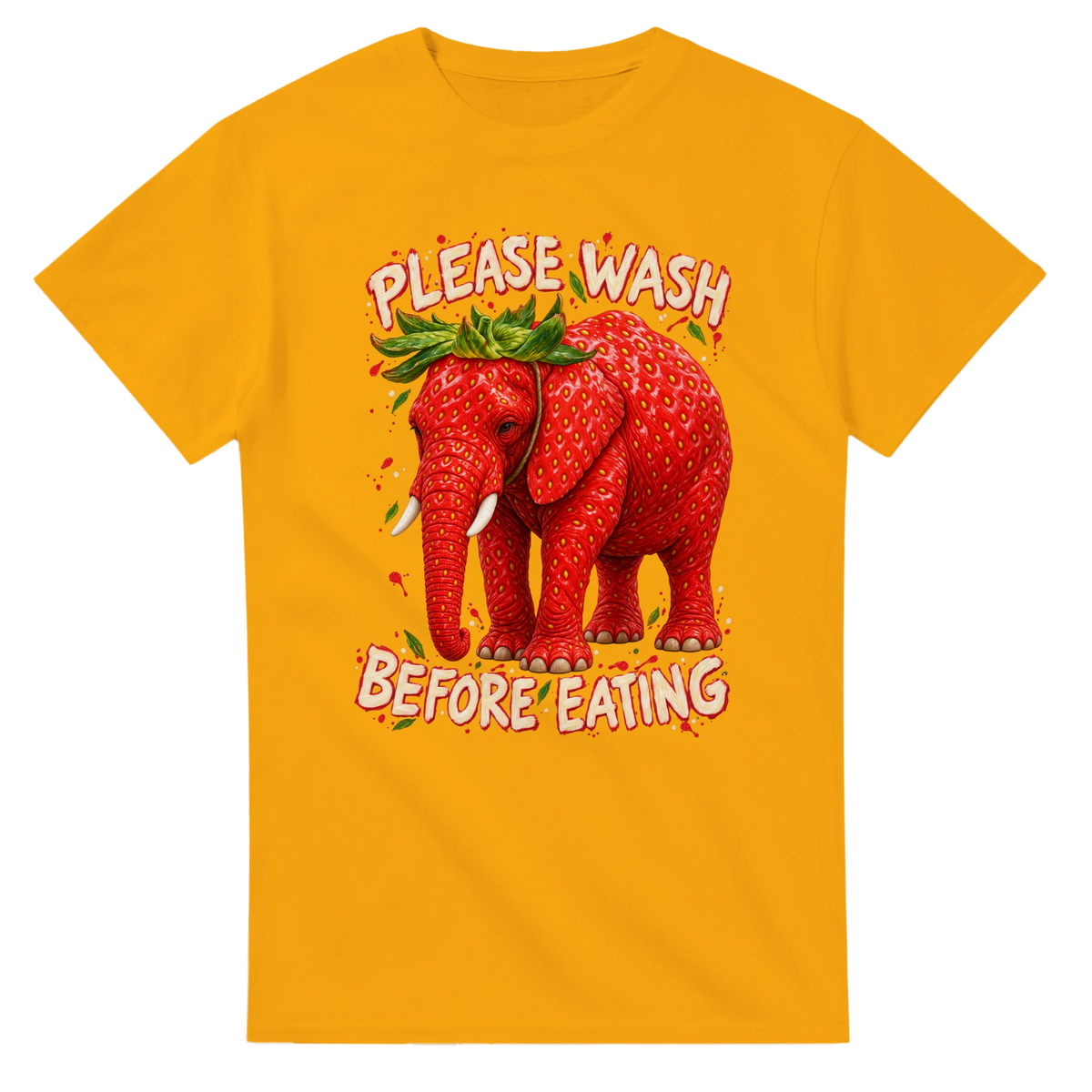 Gold t-shirt printed with Strawberry Elephant and the words Please wash before eating, front view