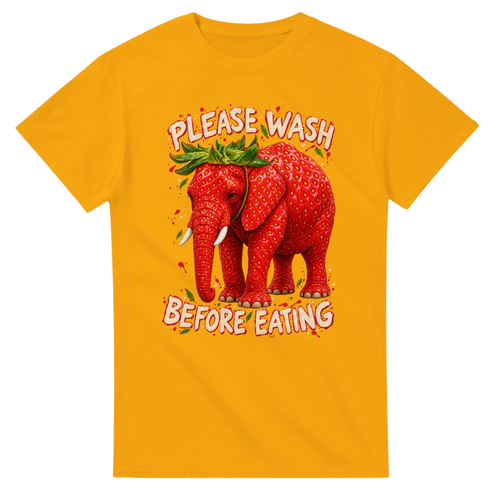 Gold t-shirt printed with Strawberry Elephant and the words Please wash before eating, front view