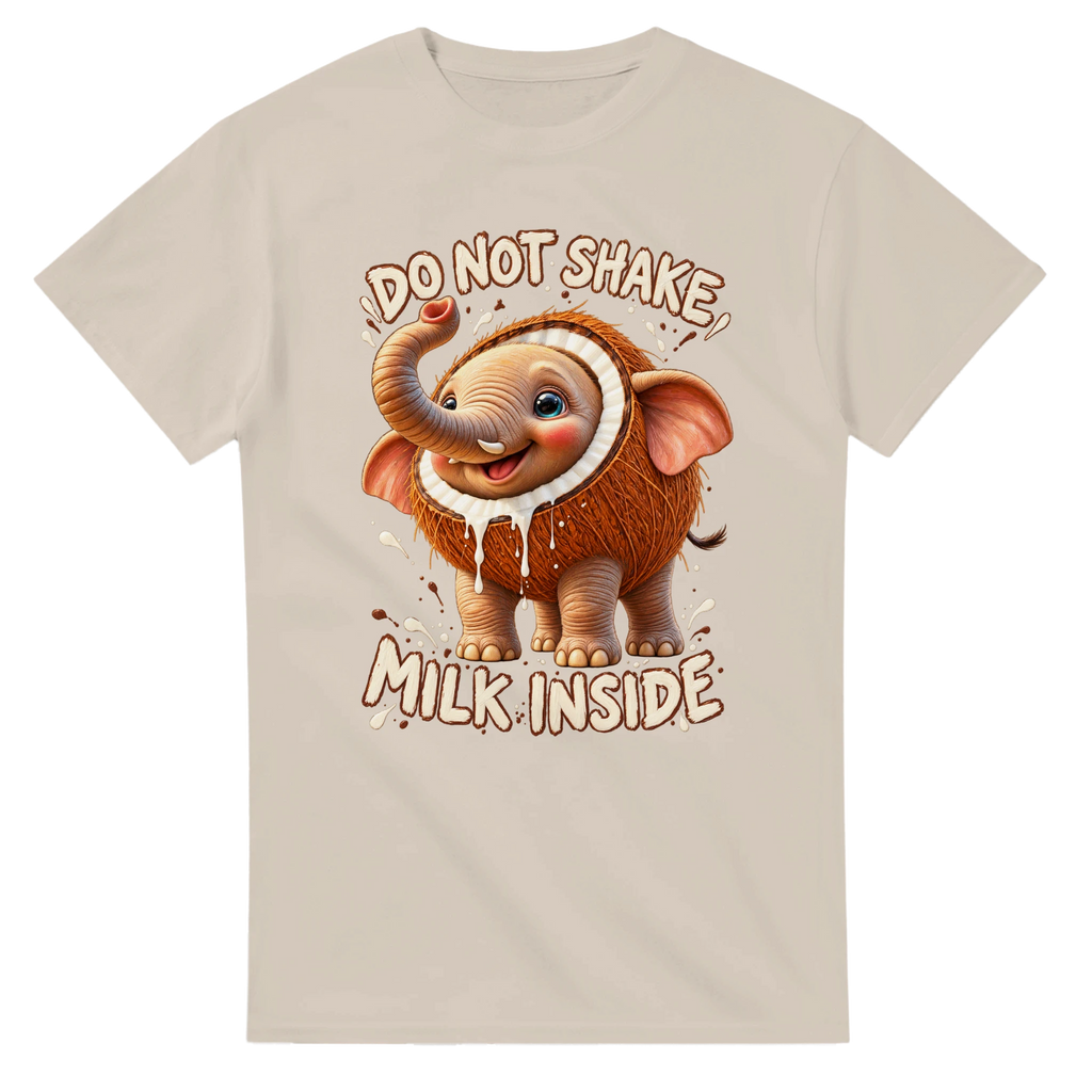 Sand t-shirt printed with Cocofanto Elefanto and the words Do not shake, milk inside, front view