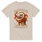 Sand t-shirt printed with Cocofanto Elefanto and the words Do not shake, milk inside, front view