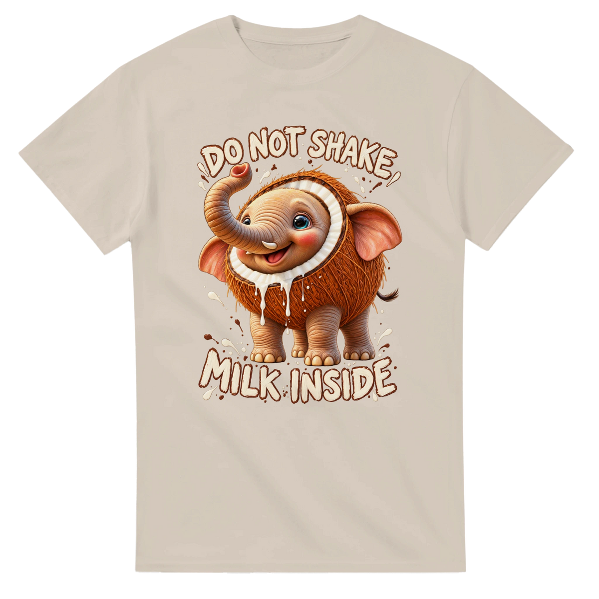 Sand t-shirt printed with Cocofanto Elefanto and the words Do not shake, milk inside, front view
