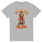 Ash t-shirt printed with Chicleteira Bicicleteira and the words Too sweet to stop, front view