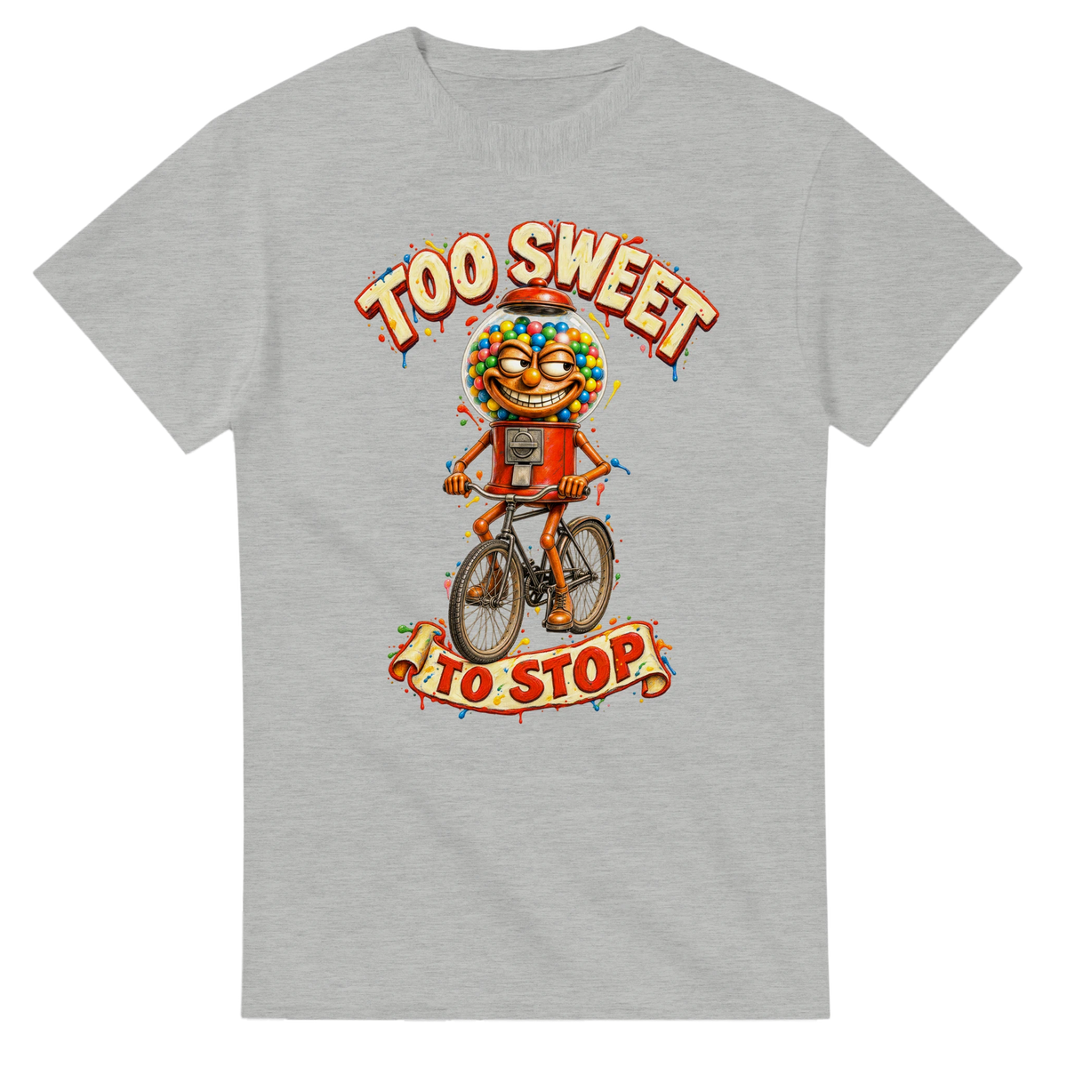 Ash t-shirt printed with Chicleteira Bicicleteira and the words Too sweet to stop, front view