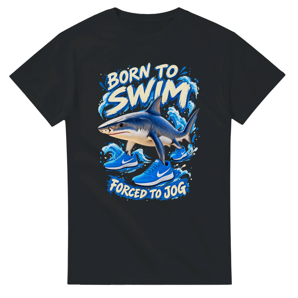 Black t-shirt printed with Tralalero Tralala and the words Born to swim, forced to jog, front view