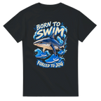 Black t-shirt printed with Tralalero Tralala and the words Born to swim, forced to jog, front view