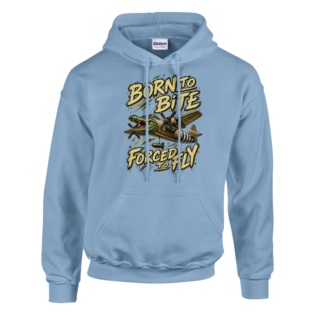 Bombardino Crocodilo print on a light blue pullover hoodie, front view