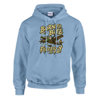 Bombardino Crocodilo print on a light blue pullover hoodie, front view