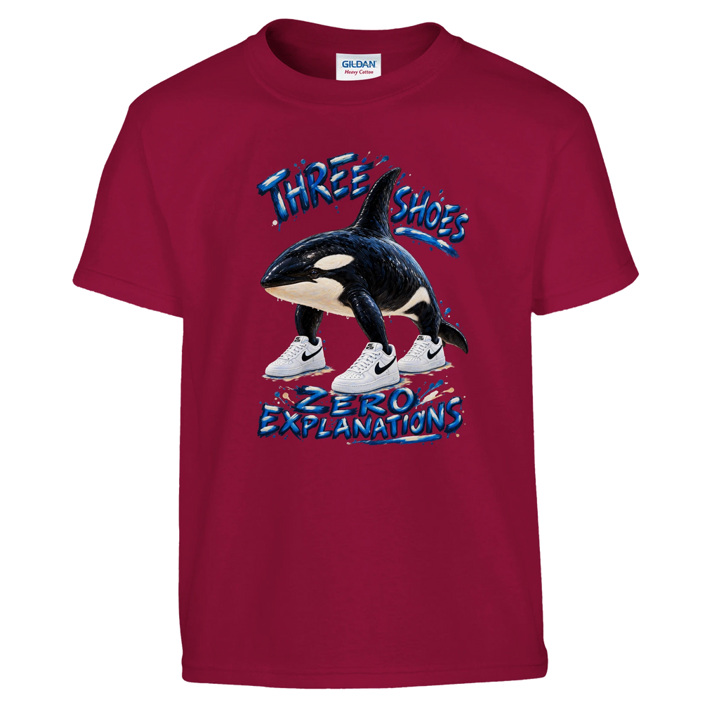 Orcalero Orcala print on a cardinal red kids t-shirt, front view