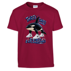 Orcalero Orcala print on a cardinal red kids t-shirt, front view
