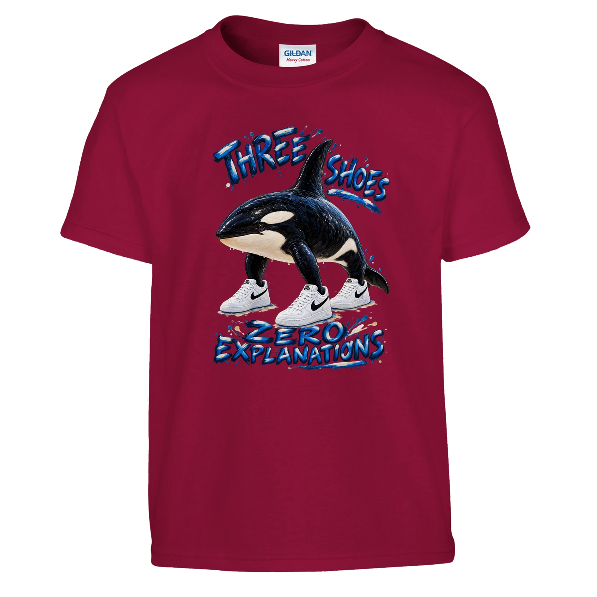 Orcalero Orcala print on a cardinal red kids t-shirt, front view