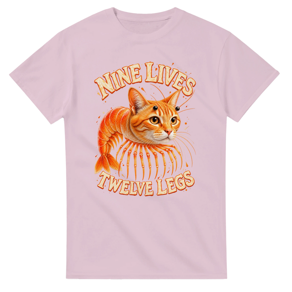 Light Pink t-shirt printed with Trippi Troppi and the words Nine lives, twelve legs, front view