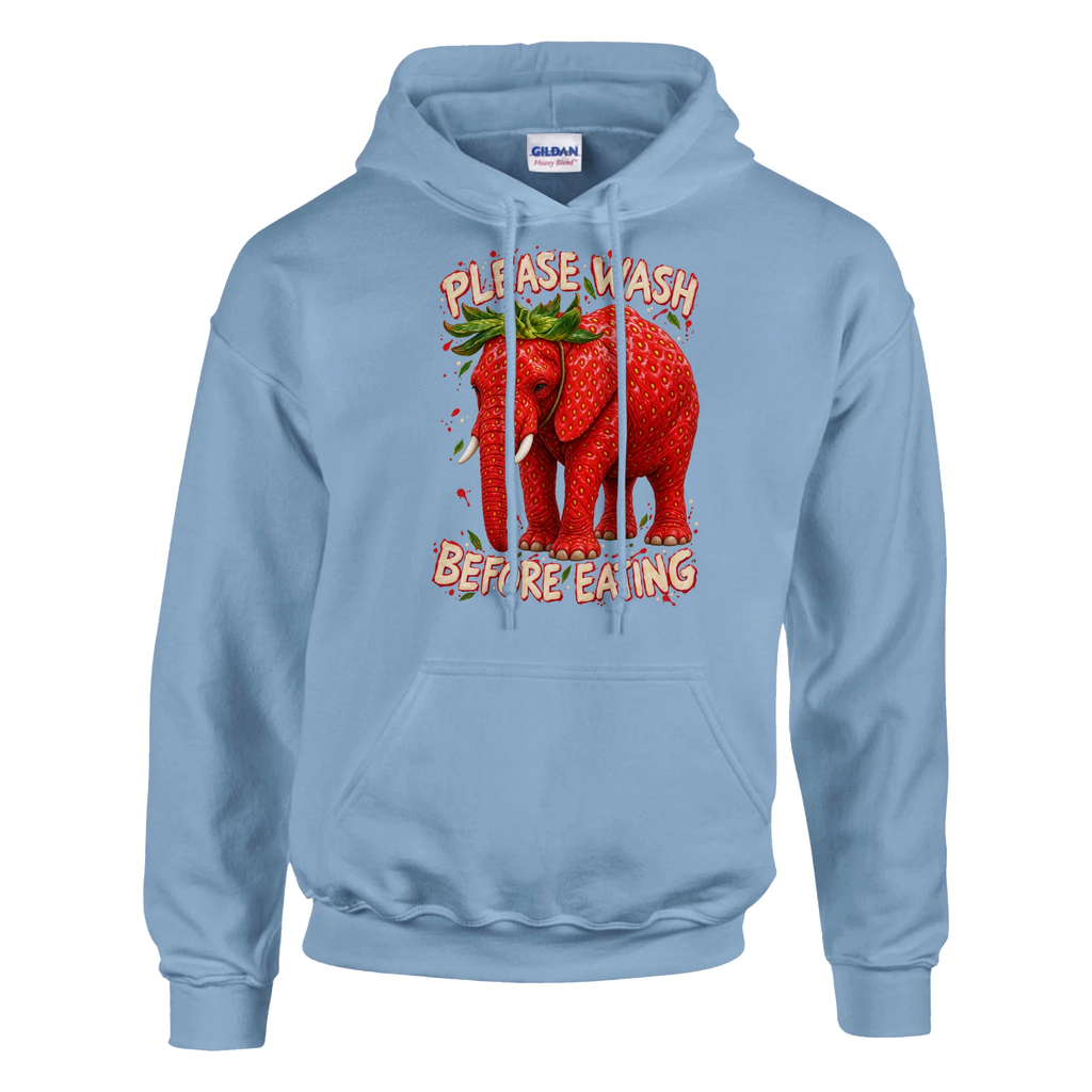 Strawberry Elephant print on a light blue pullover hoodie, front view