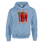Strawberry Elephant print on a light blue pullover hoodie, front view