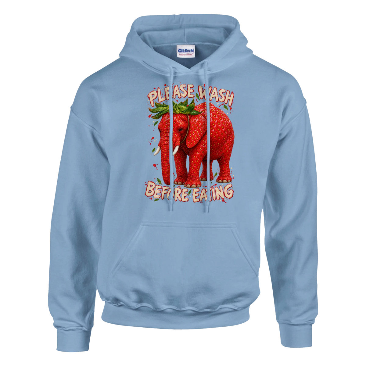 Strawberry Elephant print on a light blue pullover hoodie, front view