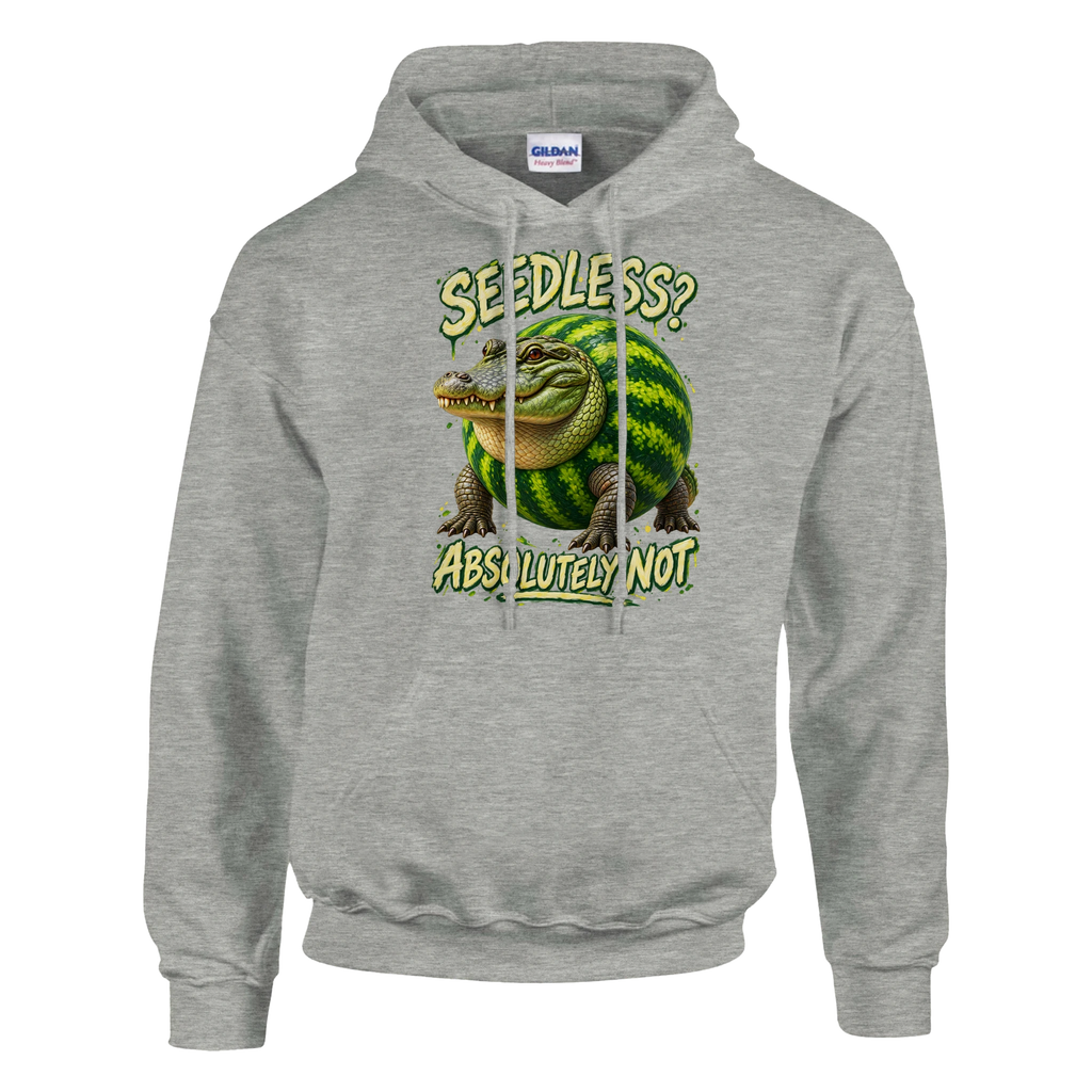 Glorbo Fruttodrillo print on an ash grey pullover hoodie, front view