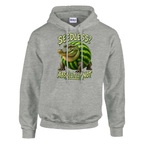 Glorbo Fruttodrillo print on an ash grey pullover hoodie, front view
