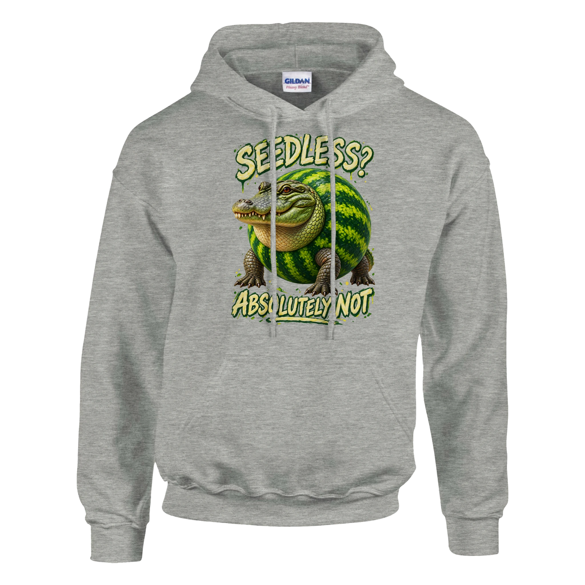 Glorbo Fruttodrillo print on an ash grey pullover hoodie, front view