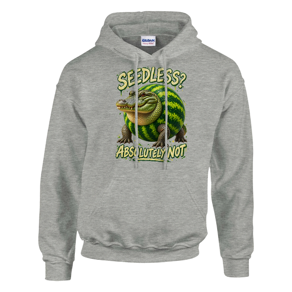 Glorbo Fruttodrillo print on an ash grey pullover hoodie, front view