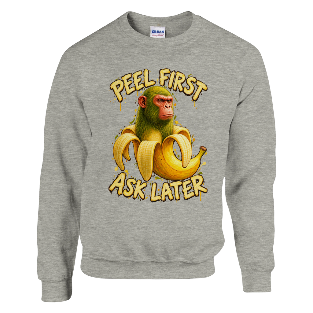 Chimpanzini Bananini print on an ash grey crewneck sweatshirt, front view