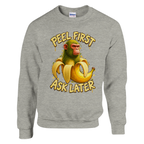 Chimpanzini Bananini print on an ash grey crewneck sweatshirt, front view