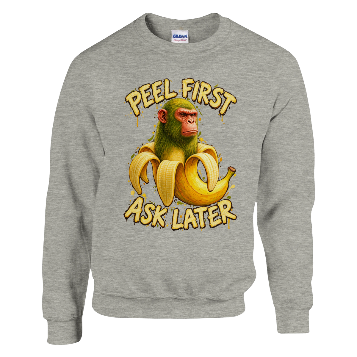 Chimpanzini Bananini print on an ash grey crewneck sweatshirt, front view