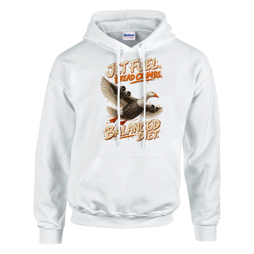 Bombombini Gusini print on a white pullover hoodie, front view
