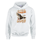Bombombini Gusini print on a white pullover hoodie, front view