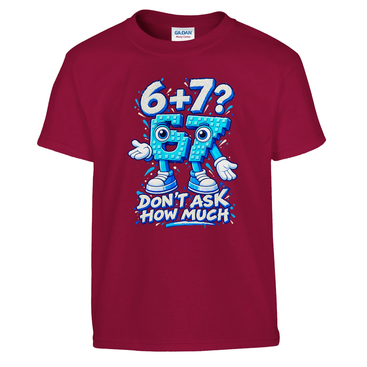 67 print on a cardinal red kids t-shirt, front view