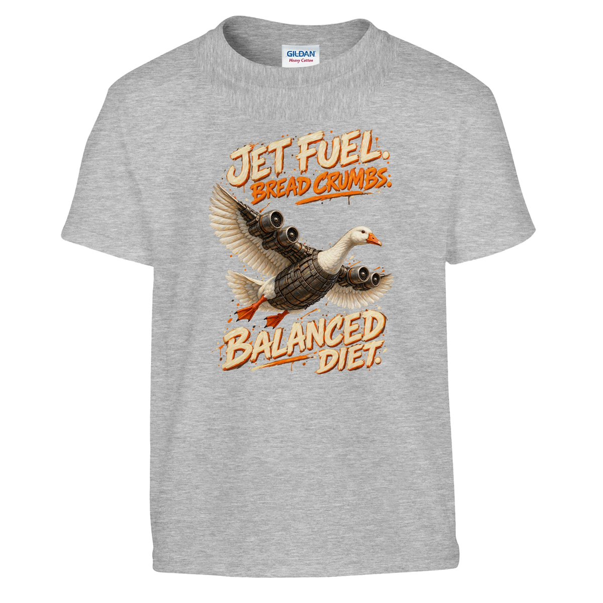 Bombombini Gusini print on a sport grey kids t-shirt, front view