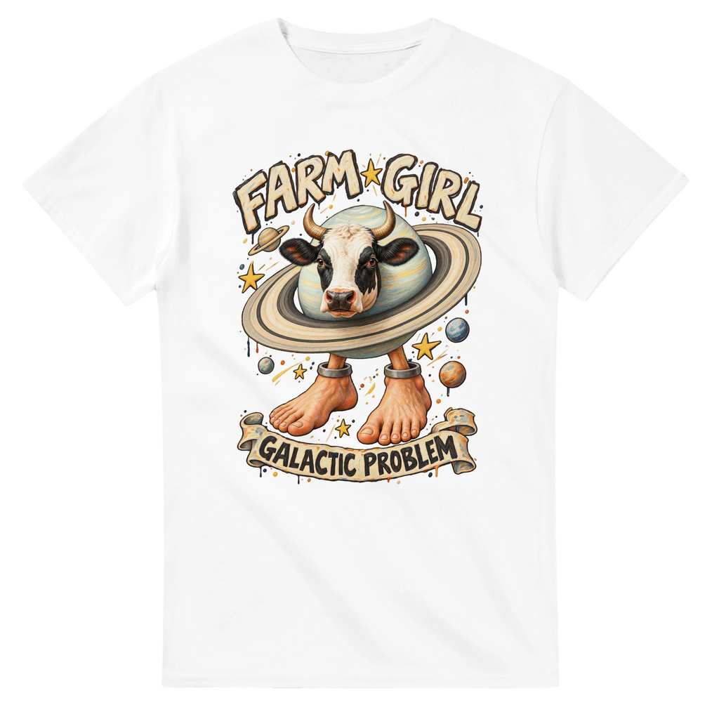 White t-shirt printed with La Vaca Saturno Saturnita and the words Farm girl, galactic problem, front view