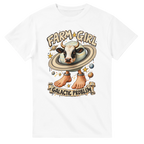 White t-shirt printed with La Vaca Saturno Saturnita and the words Farm girl, galactic problem, front view