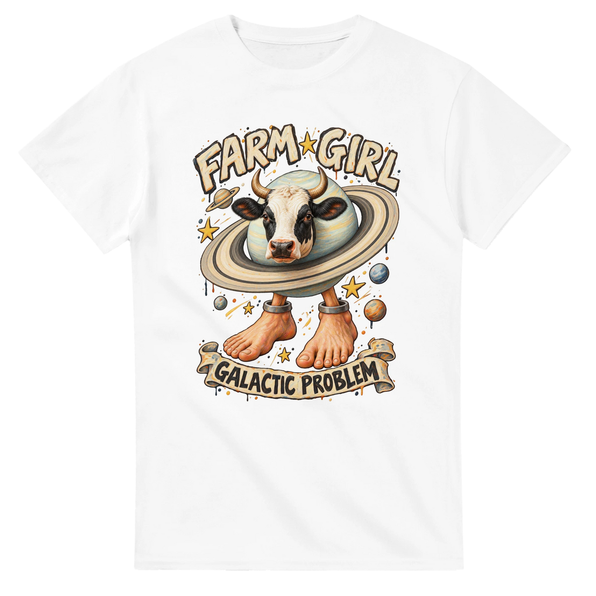 White t-shirt printed with La Vaca Saturno Saturnita and the words Farm girl, galactic problem, front view