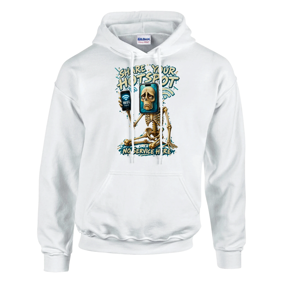 Pot Hotspot print on a white pullover hoodie, front view