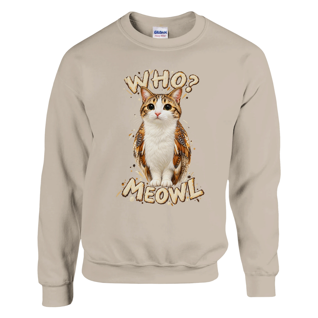 Meowl print on a sand crewneck sweatshirt, front view