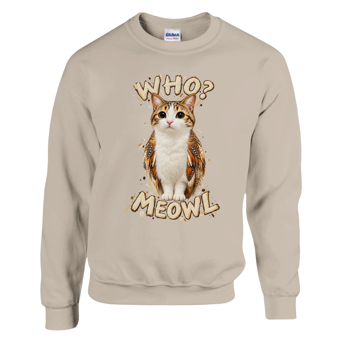 Meowl print on a sand crewneck sweatshirt, front view