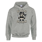 Cappuccino Assassino print on an ash grey pullover hoodie, front view
