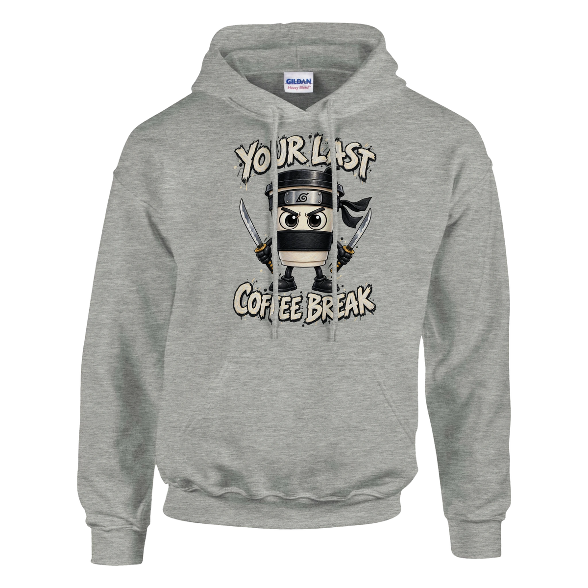 Cappuccino Assassino print on an ash grey pullover hoodie, front view