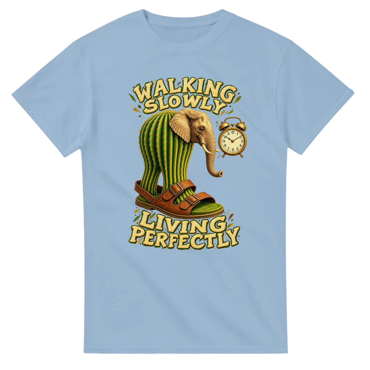 Light Blue t-shirt printed with Lirili Larila and the words Walking slowly, living perfectly, front view