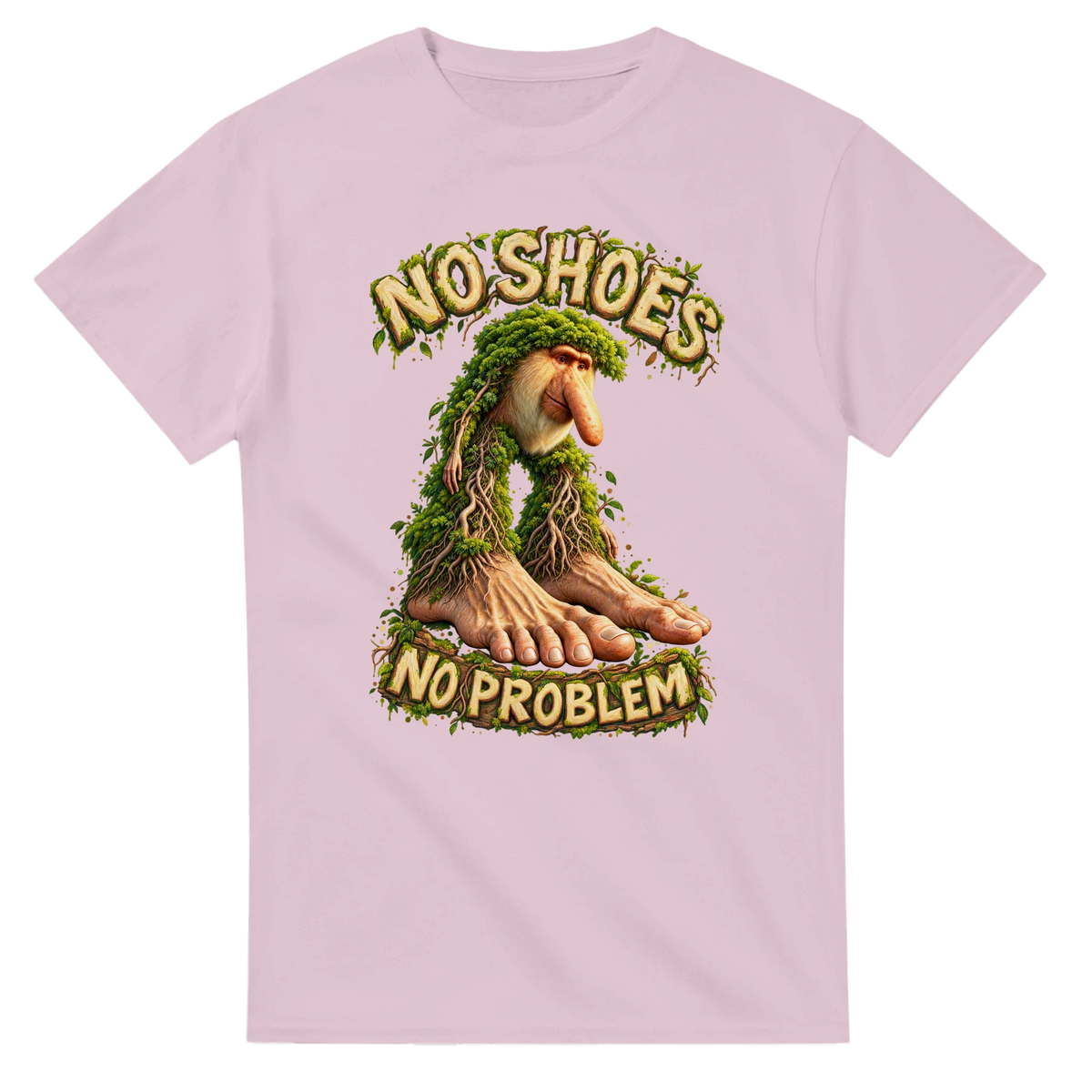 Light Pink t-shirt printed with Brr Brr Patapim and the words No shoes, no problem, front view