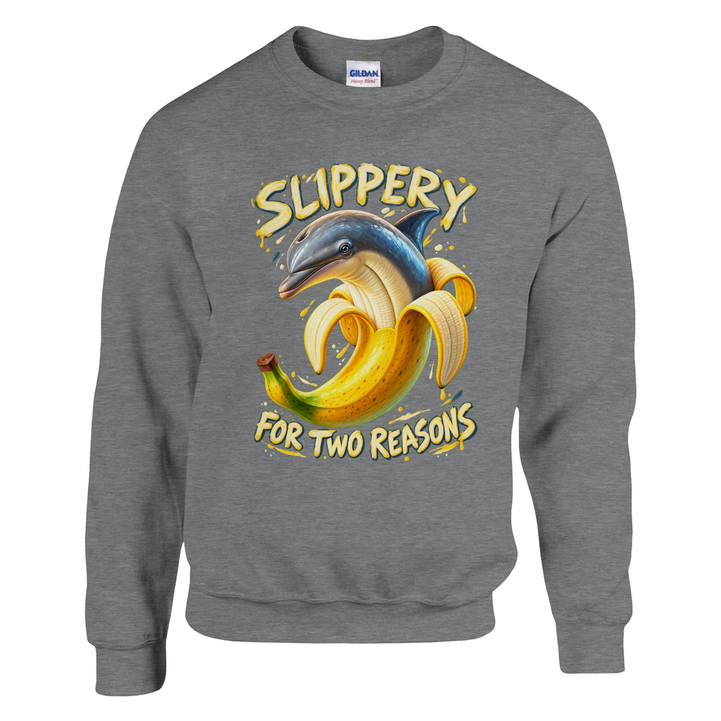 Bananita Dolphinita print on a sport grey crewneck sweatshirt, front view