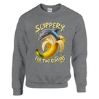 Bananita Dolphinita print on a sport grey crewneck sweatshirt, front view