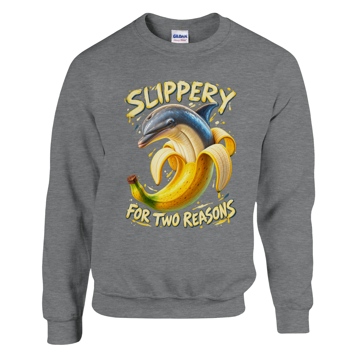 Bananita Dolphinita print on a sport grey crewneck sweatshirt, front view
